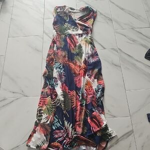 French Atmosphere Navy Tropical Maxi Dress with Coral & Green Palm Print